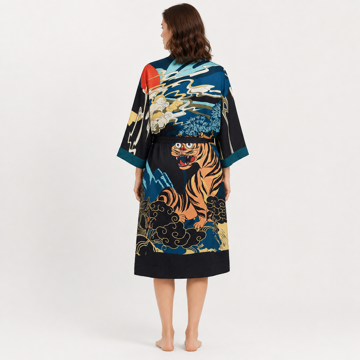Kimono Femme Japonais Tigre Noir Long | Toraya
