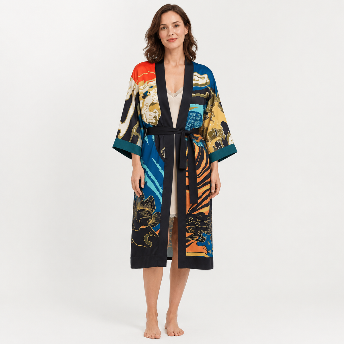Kimono Femme Japonais Tigre Noir Long | Toraya