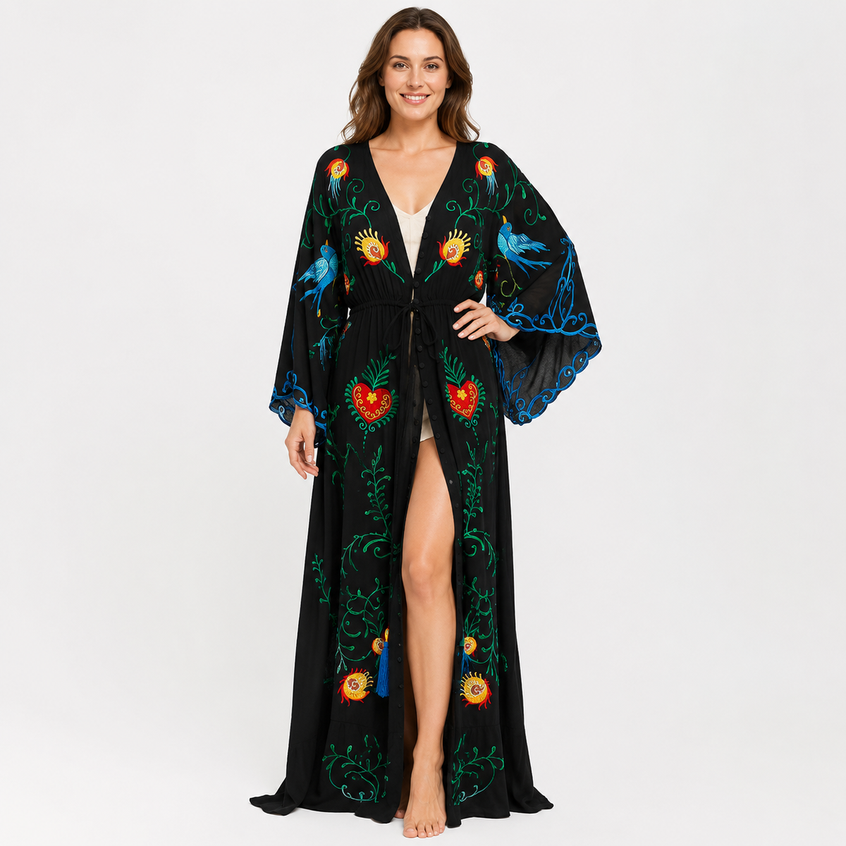 Kimono Femme Long Brodé Noir | Kasumi