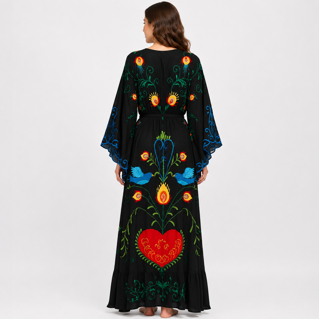 Kimono Femme Long Brodé Noir | Kasumi