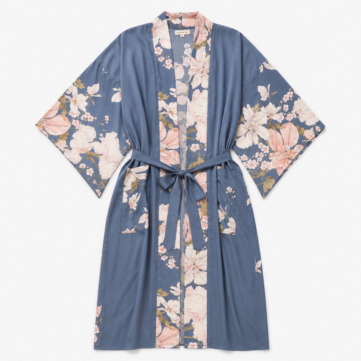 Kimono Femme Long Fleuri Bleu Ardoise | Mizuha