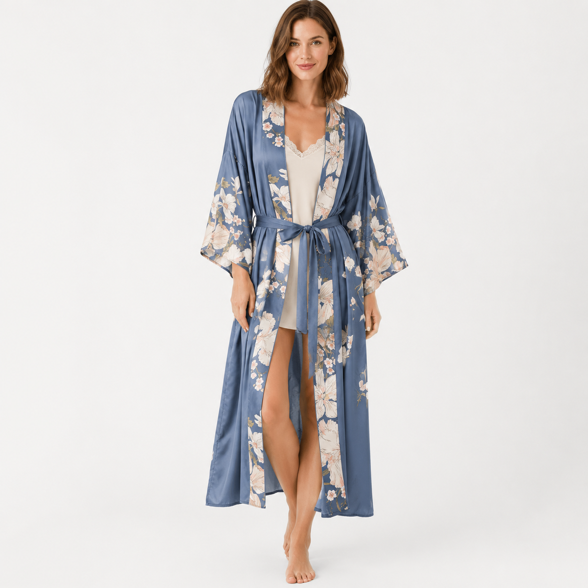 Kimono Femme Long Fleuri Bleu Ardoise | Mizuha