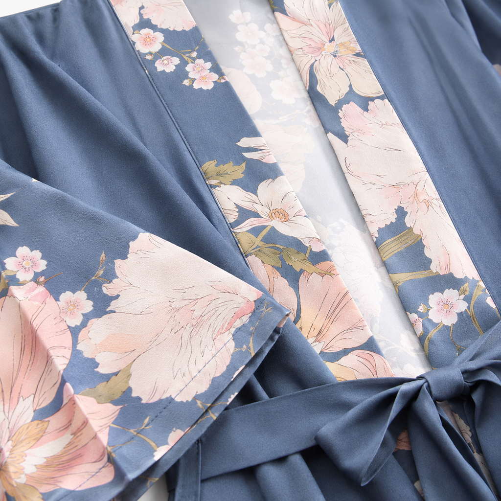 Kimono Femme Long Fleuri Bleu Ardoise | Mizuha