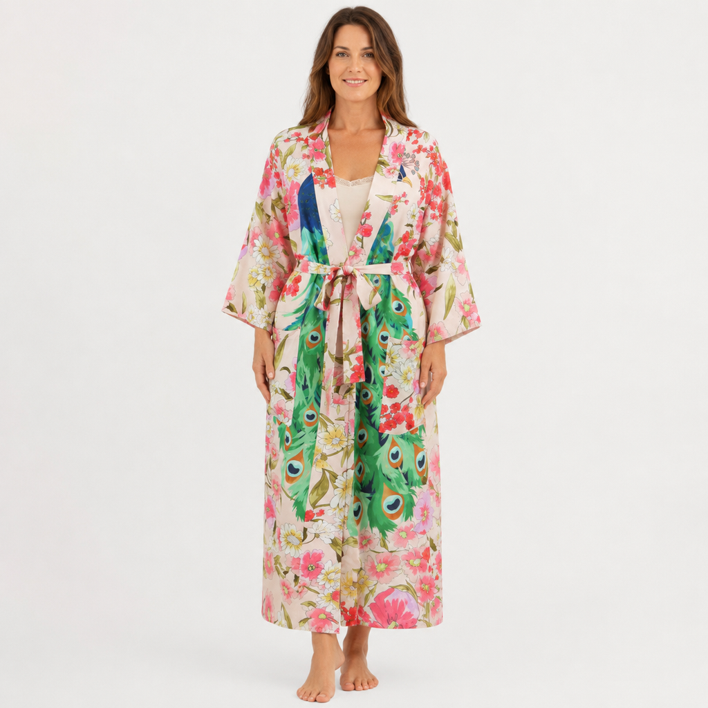 Kimono Femme Long Fleuri Rose Nuancé | Tsubame