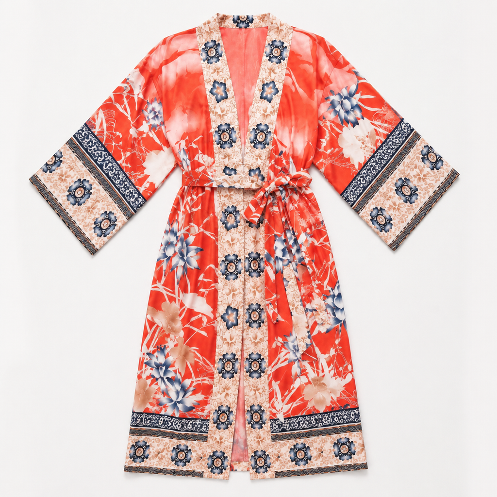 Kimono Femme Long Fleuri Rouge Corail | Momoka