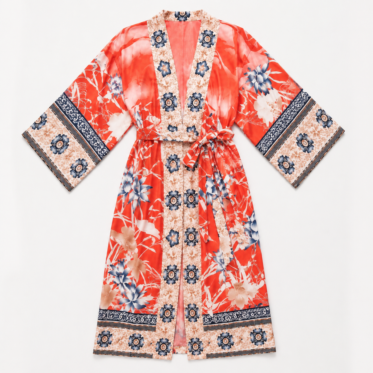 Kimono Femme Long Fleuri Rouge Corail | Momoka