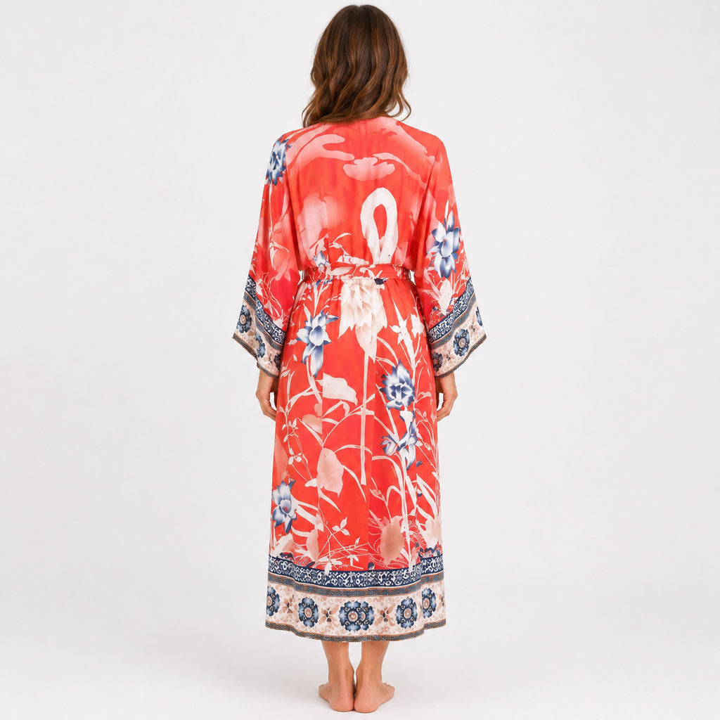 Kimono Femme Long Fleuri Rouge Corail | Momoka