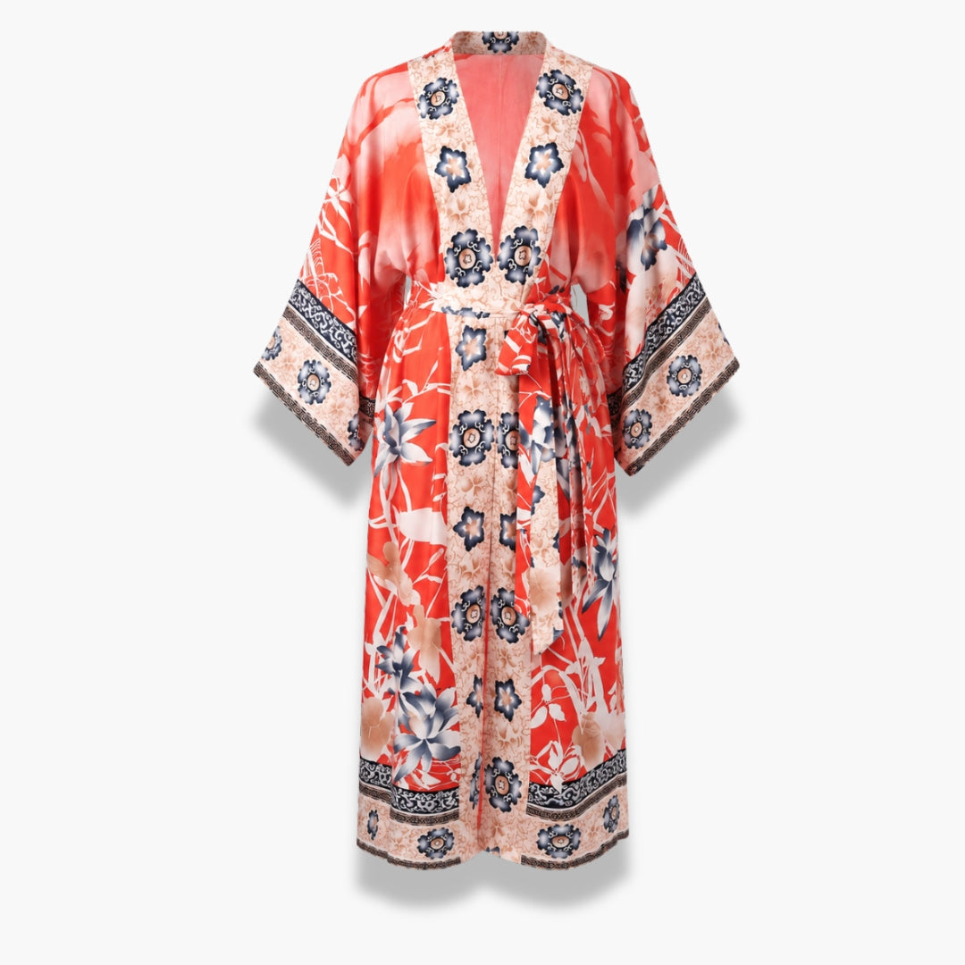 Kimono Femme Long Fleuri Rouge Corail | Momoka