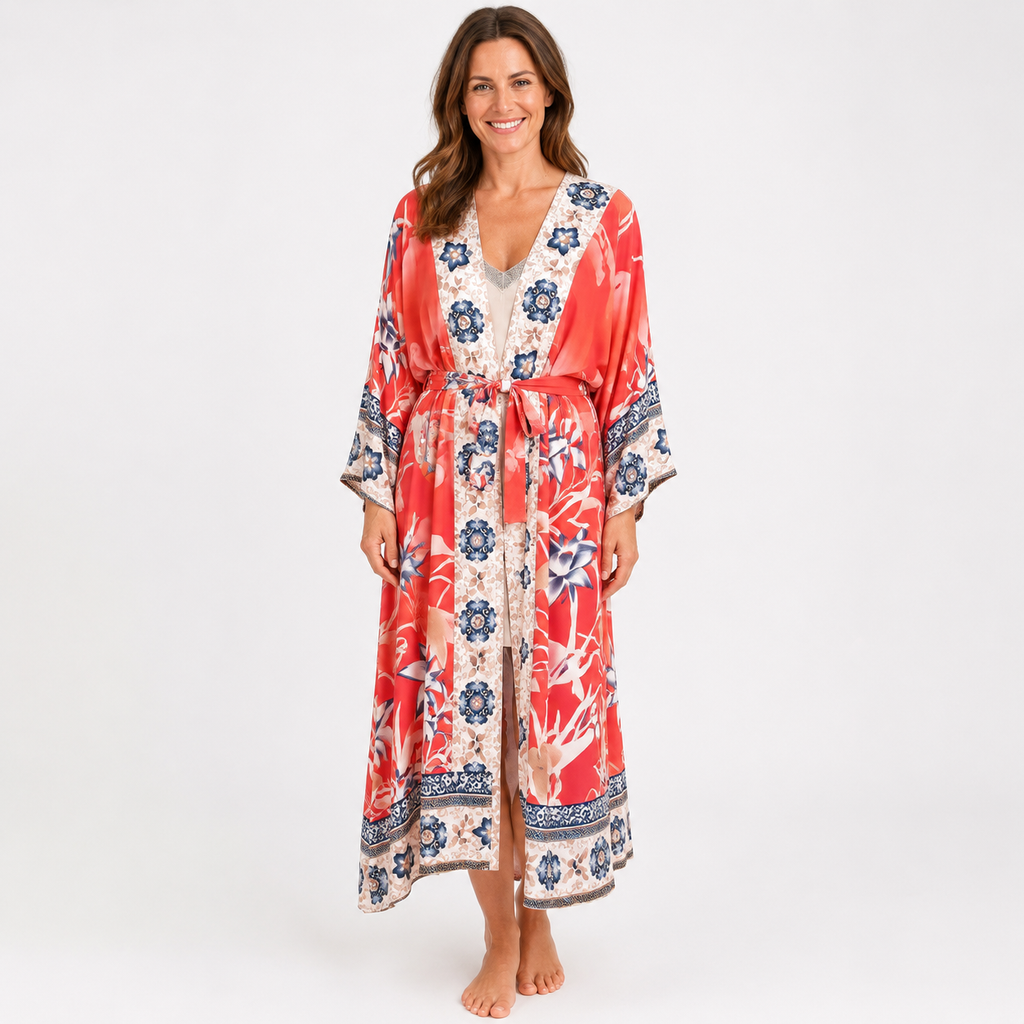 Kimono Femme Long Fleuri Rouge Corail | Momoka