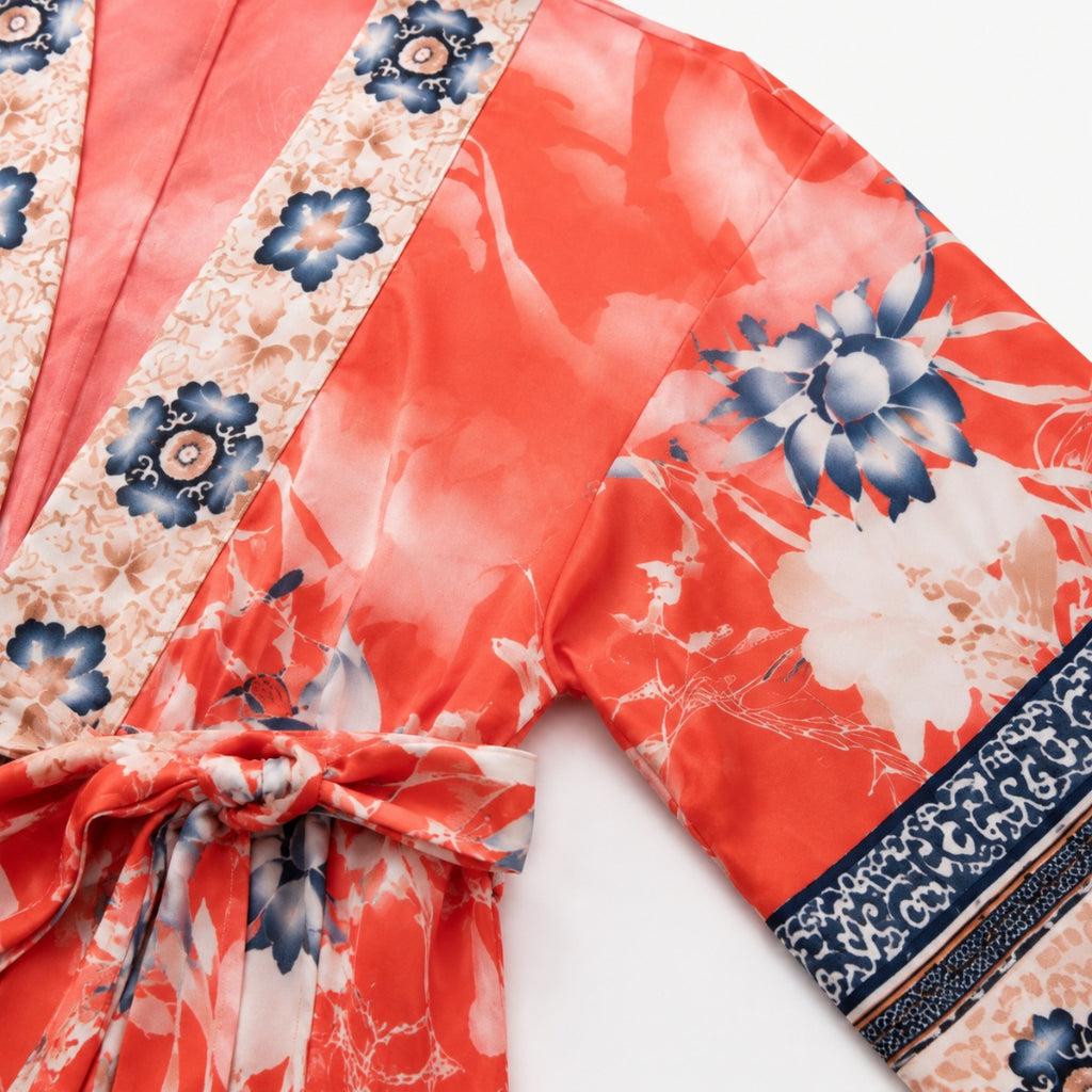 Kimono Femme Long Fleuri Rouge Corail | Momoka