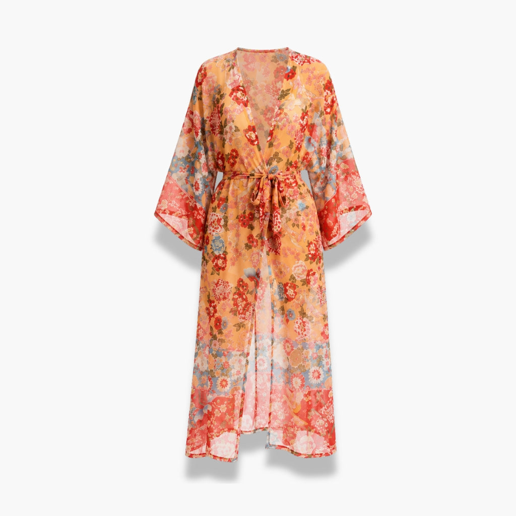 Kimono Femme Long Fleuri Terracotta Plage | Akane