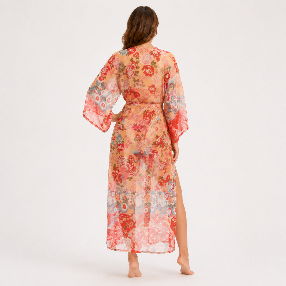Kimono Femme Long Fleuri Terracotta Plage | Akane