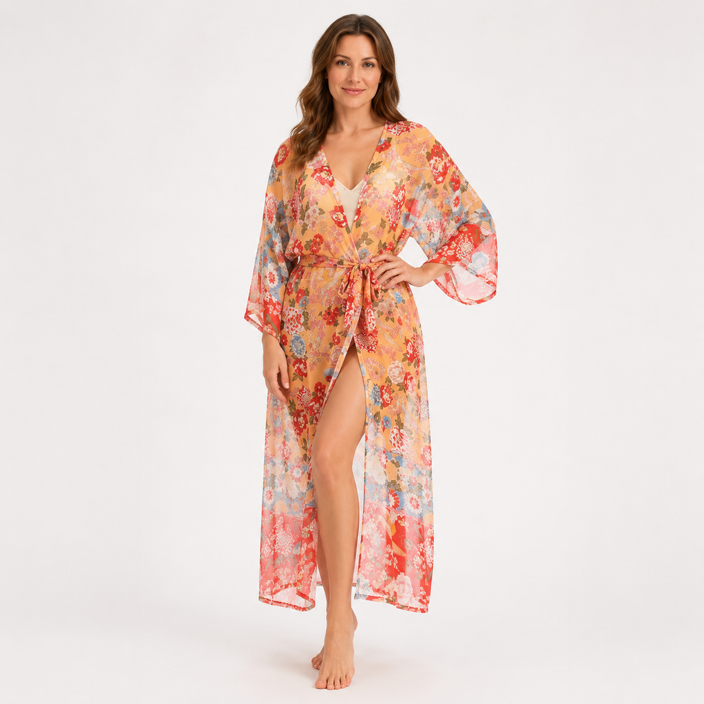 Kimono Femme Long Fleuri Terracotta Plage | Akane