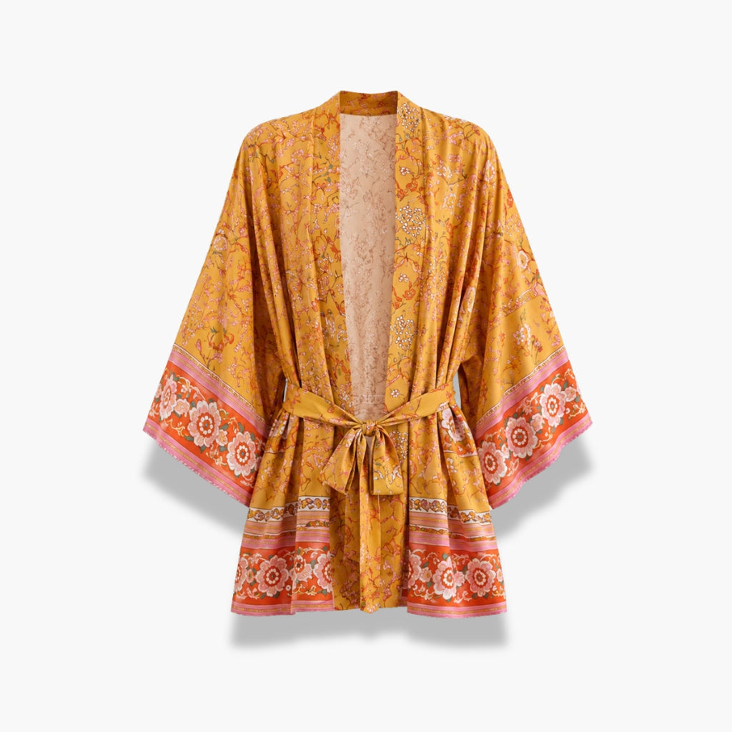Kimono Femme Mi-long Fleuri Jaune Safran | Mizuha