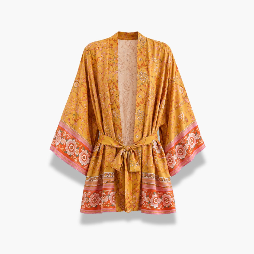 Kimono Femme Mi-long Fleuri Jaune Safran | Mizuha