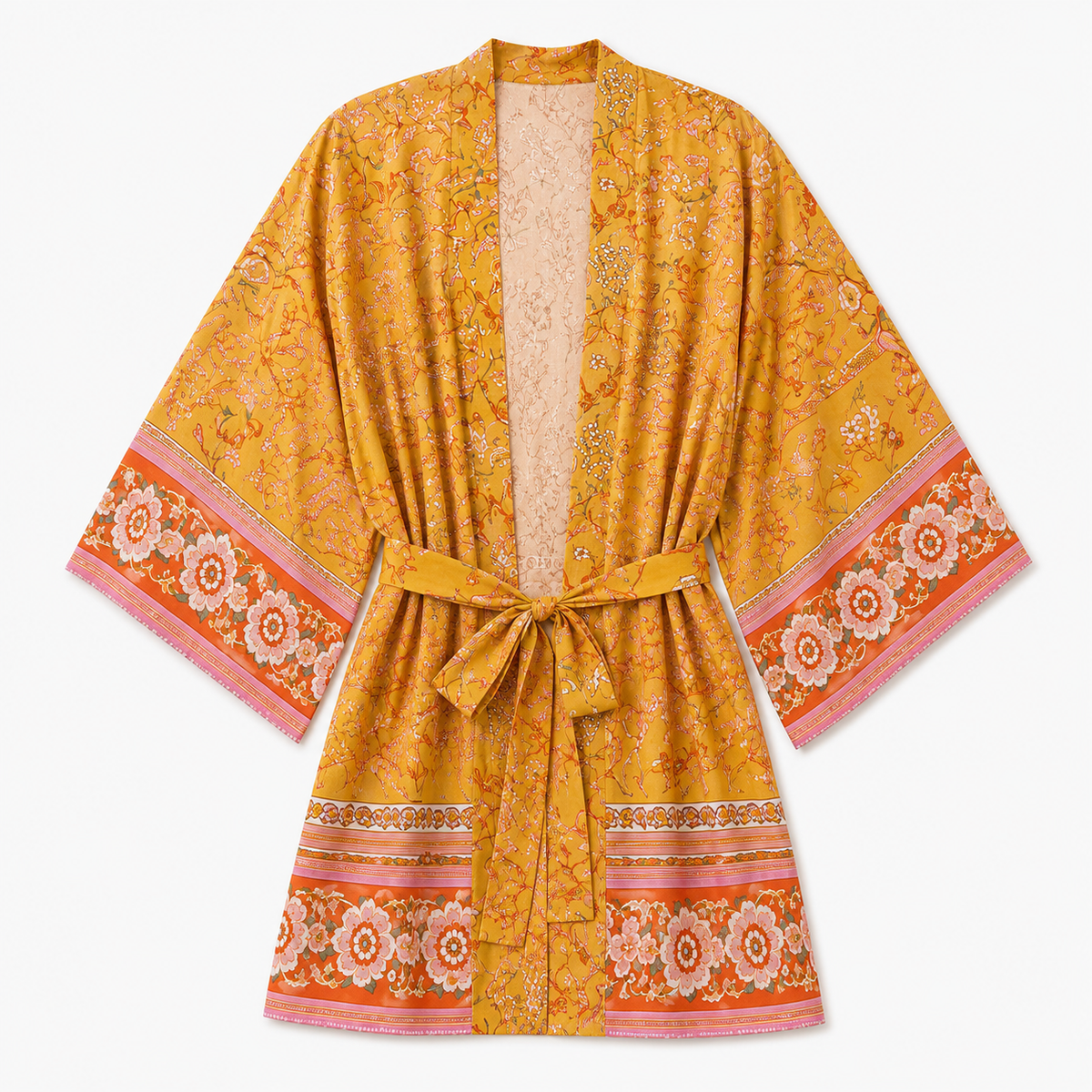 Kimono Femme Mi-long Fleuri Jaune Safran | Mizuha
