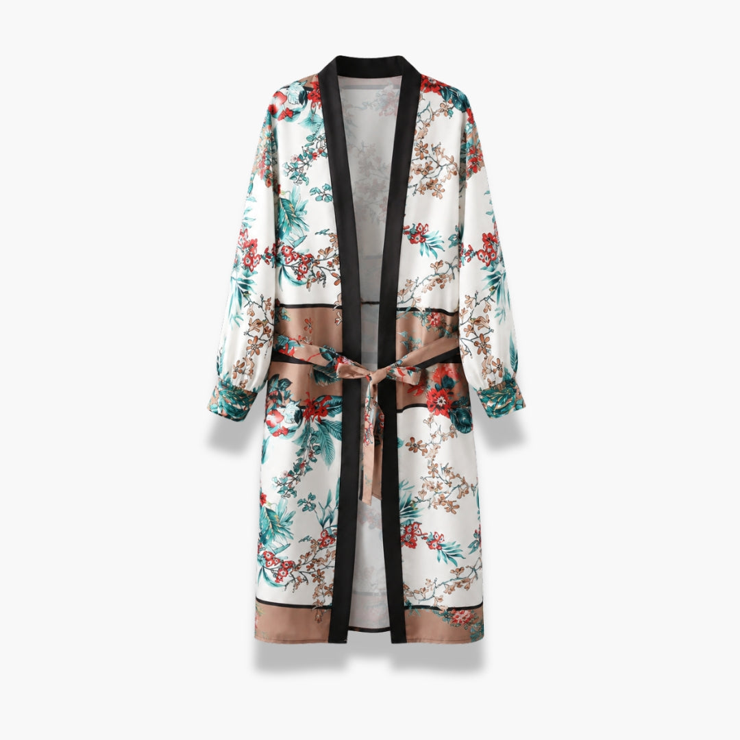Kimono Femme Satin Fleuri Blanc Long | Mizuki