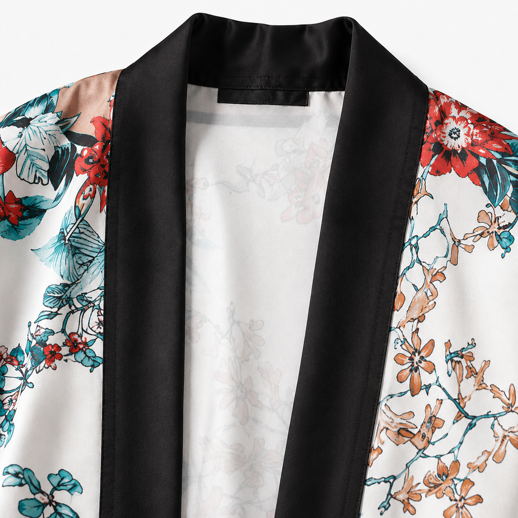 Kimono Femme Satin Fleuri Blanc Long | Mizuki