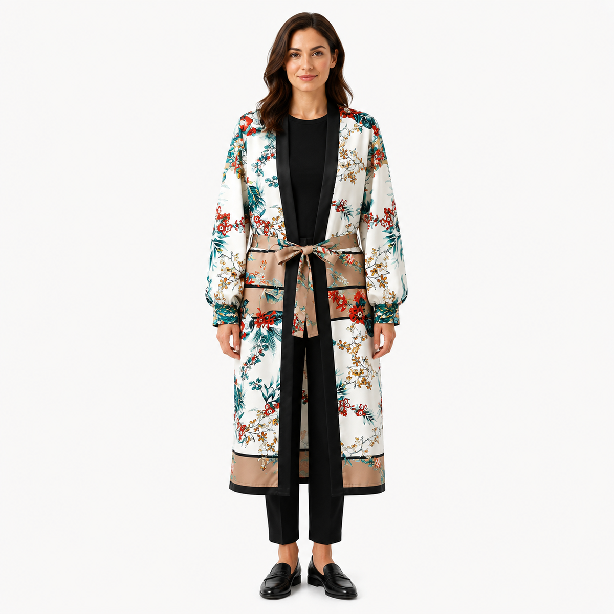 Kimono Femme Satin Fleuri Blanc Long | Mizuki