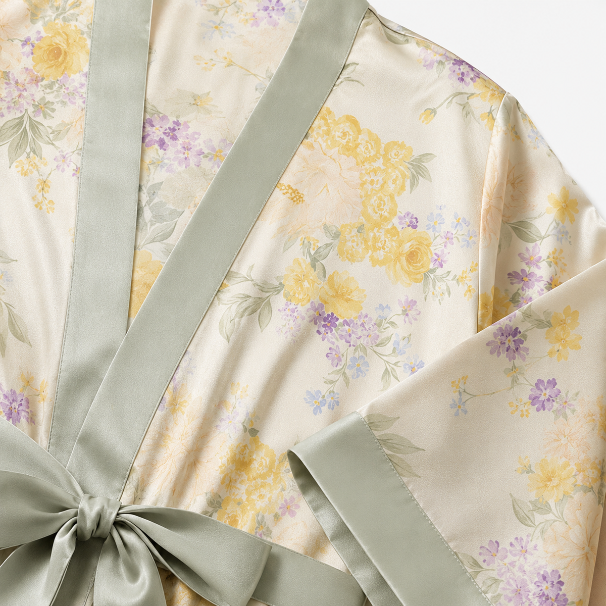 Kimono Femme Satin Fleuri Vert Long | Kaede