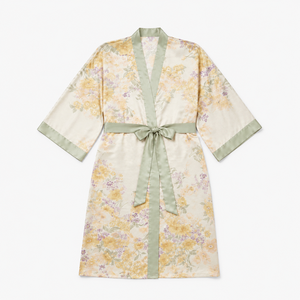 Kimono Femme Satin Fleuri Vert Long | Kaede