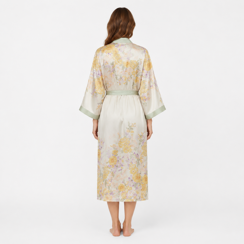 Kimono Femme Satin Fleuri Vert Long | Kaede