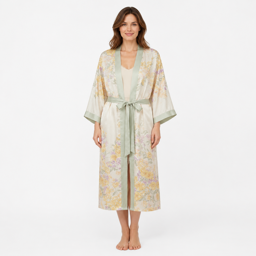 Kimono Femme Satin Fleuri Vert Long | Kaede