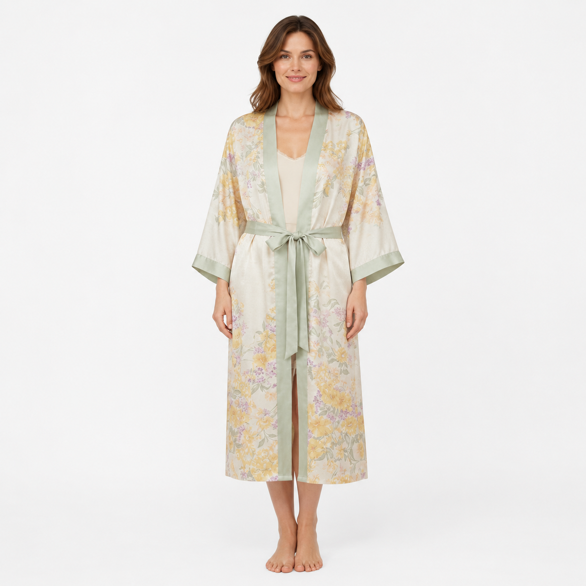 Kimono Femme Satin Fleuri Vert Long | Kaede