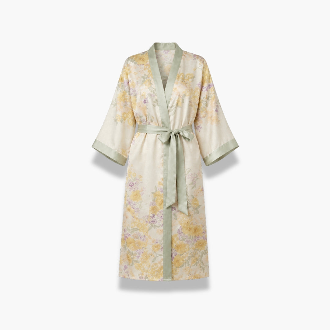 Kimono Femme Satin Fleuri Vert Long | Kaede