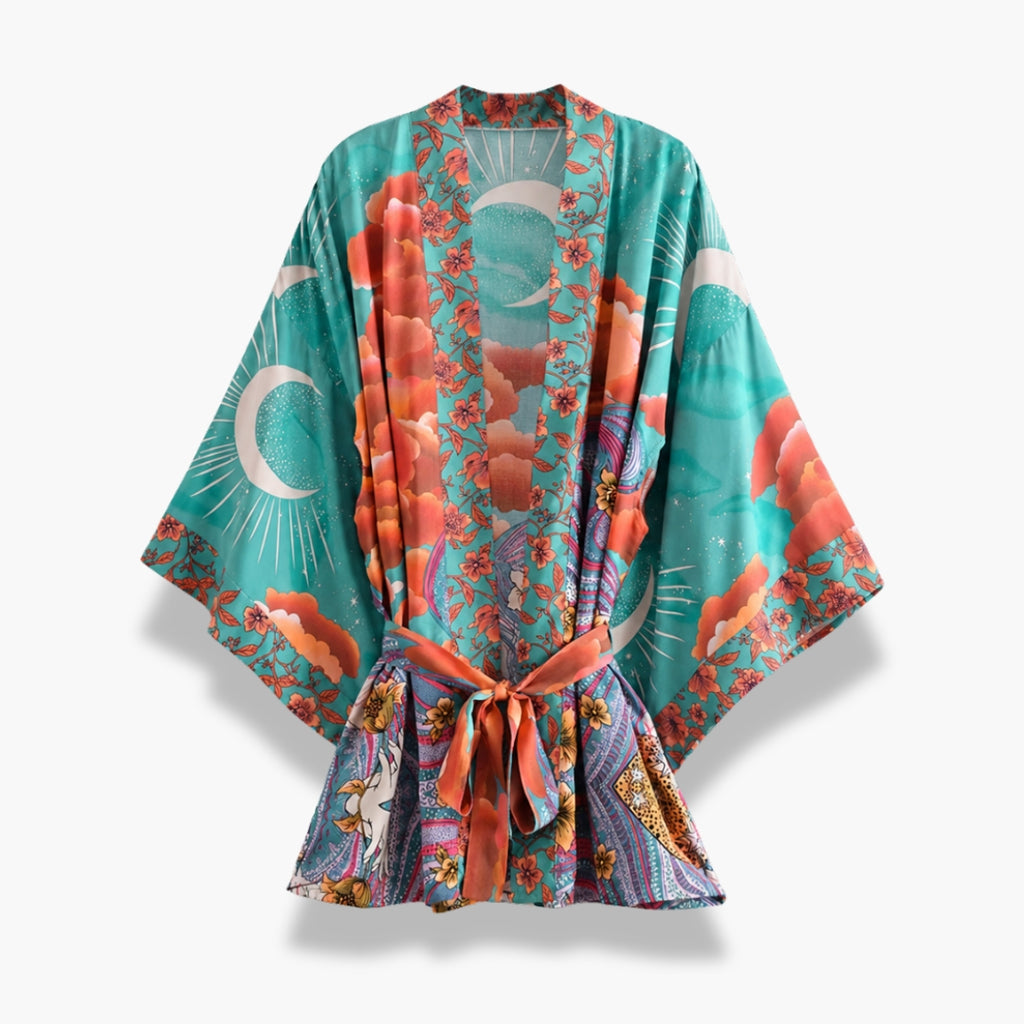 Kimono Femme Satin Japonais Turquoise Court | Mizuki