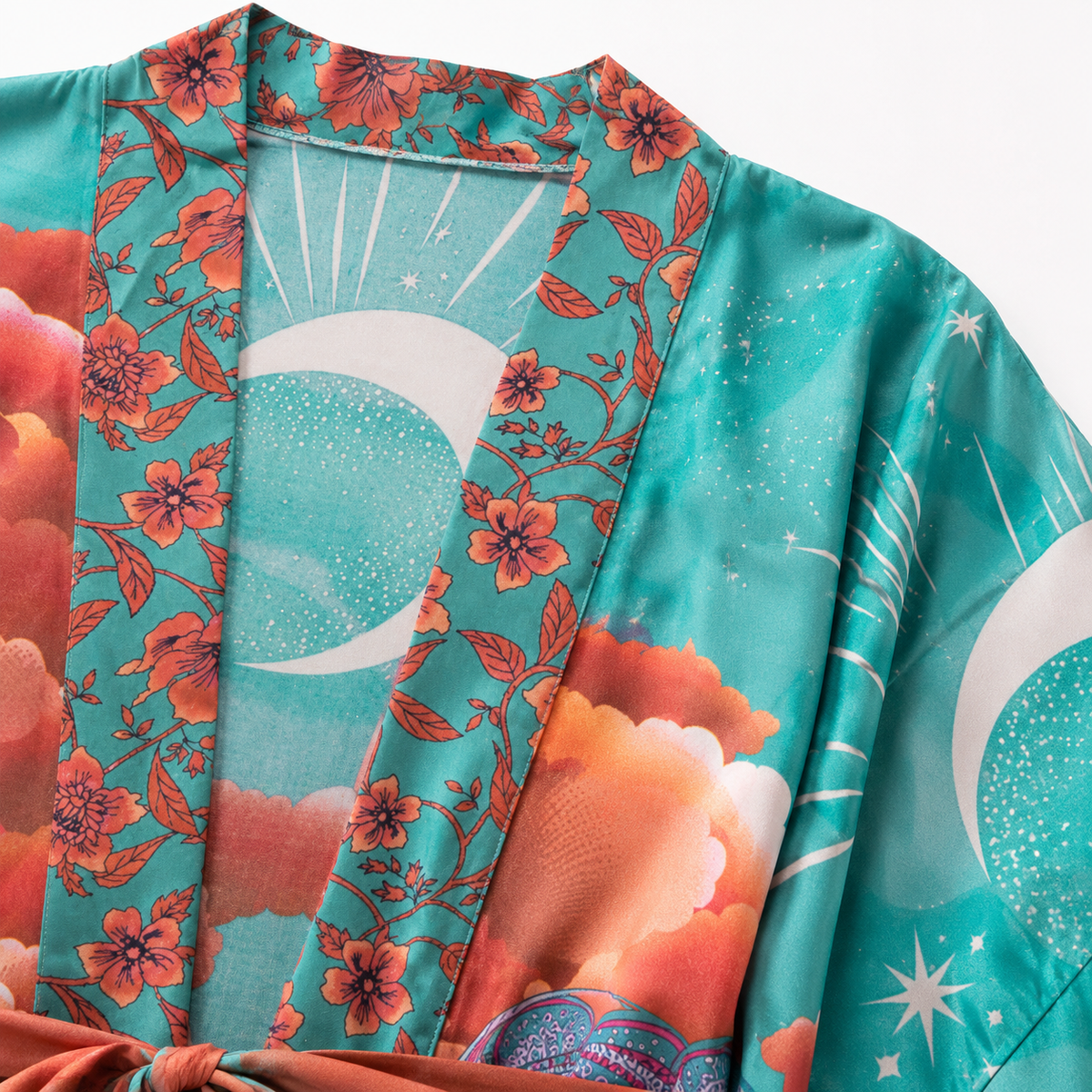 Kimono Femme Satin Japonais Turquoise Court | Mizuki