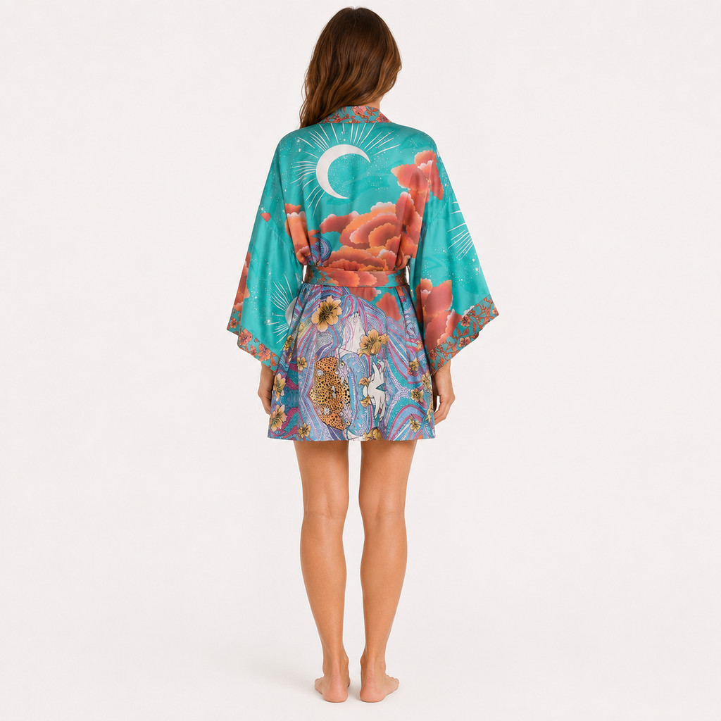 Kimono Femme Satin Japonais Turquoise Court | Mizuki