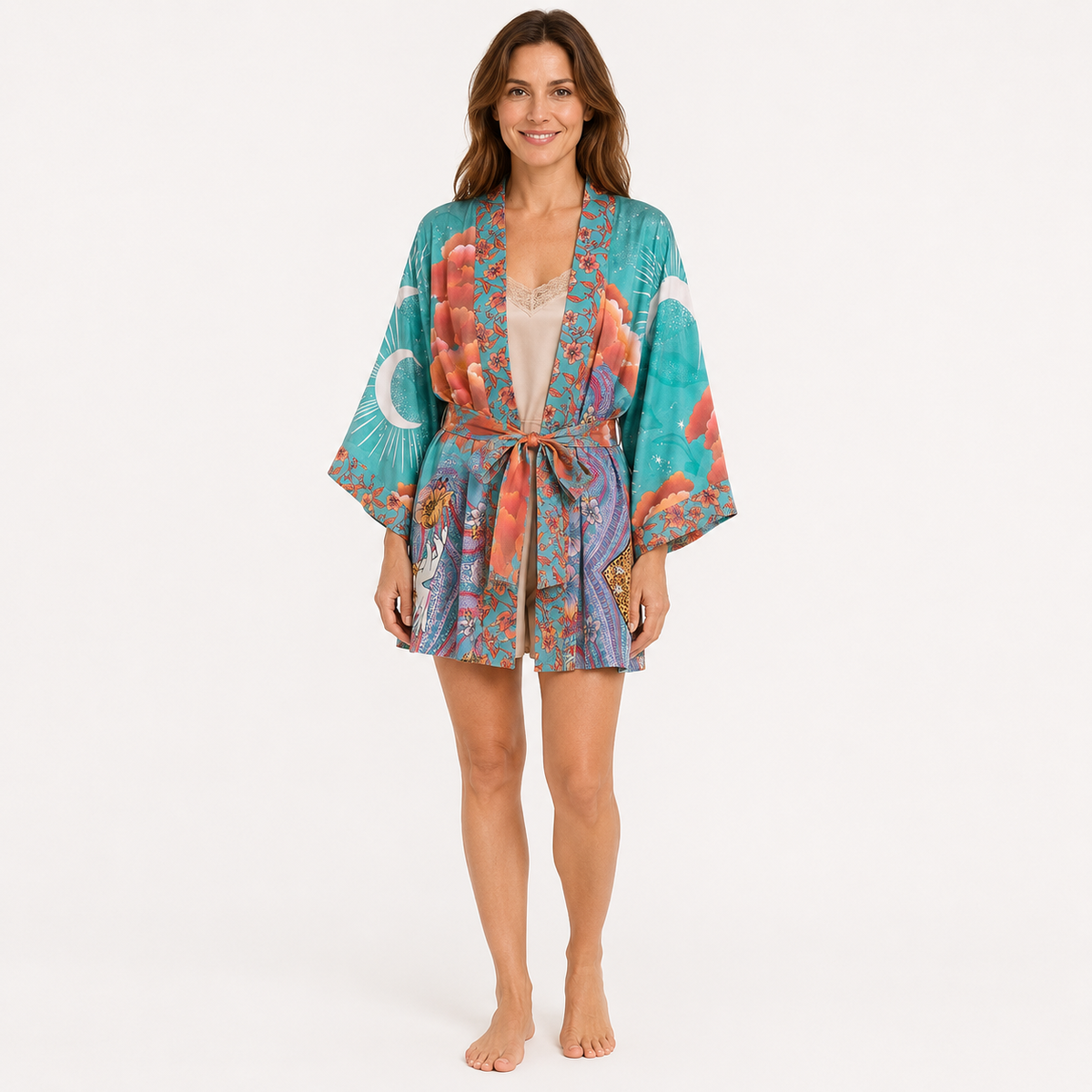 Kimono Femme Satin Japonais Turquoise Court | Mizuki