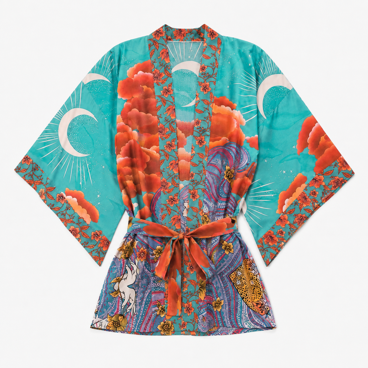 Kimono Femme Satin Japonais Turquoise Court | Mizuki