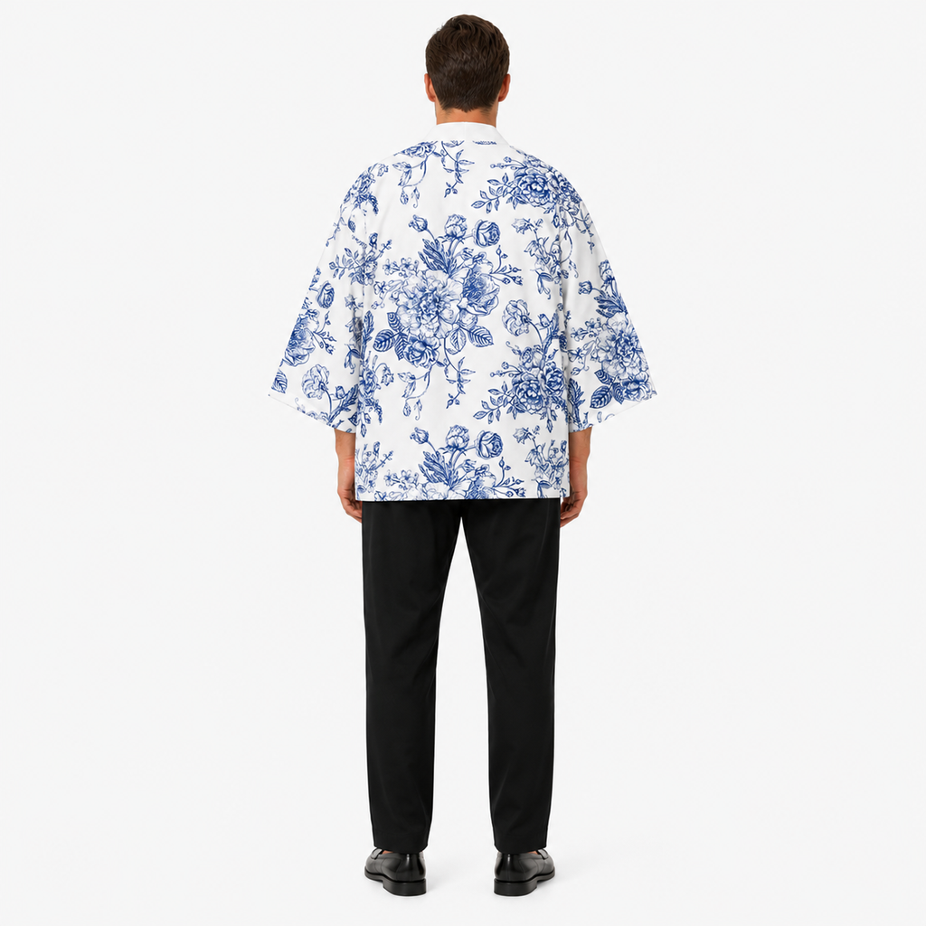 Kimono Japonais Homme Bleu Fleuri | Mizuki