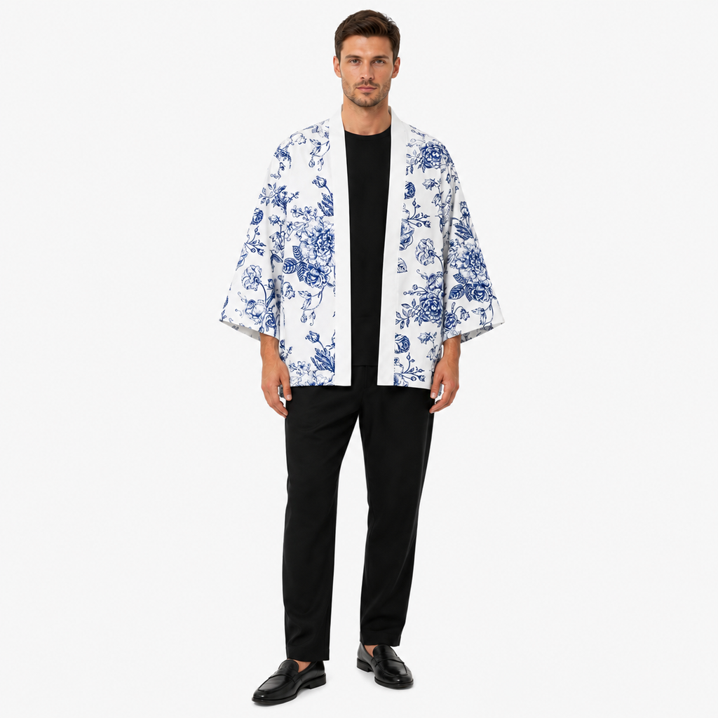 Kimono Japonais Homme Bleu Fleuri | Mizuki