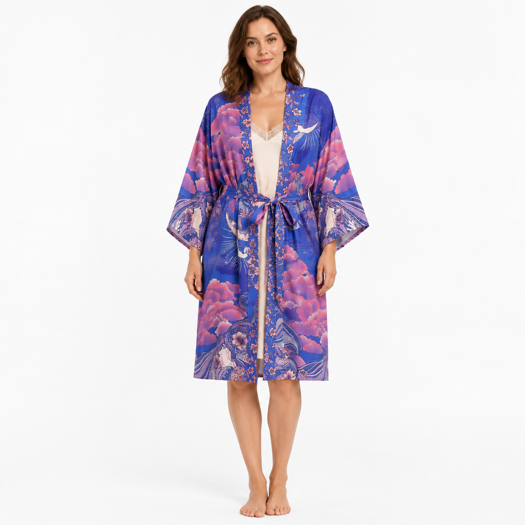Kimono Long Femme Bleu Nuit Japonais | Tsukiyo