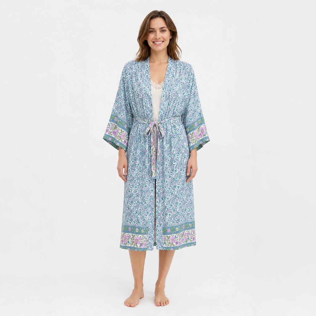 Kimono Long Femme Fleuri Bleu Sarcelle | Mizuki