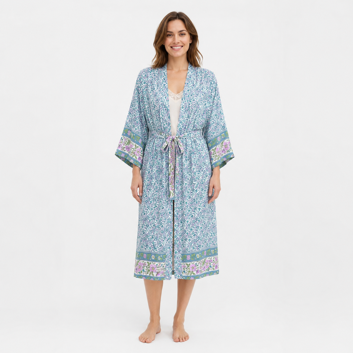 Kimono Long Femme Fleuri Bleu Sarcelle | Mizuki
