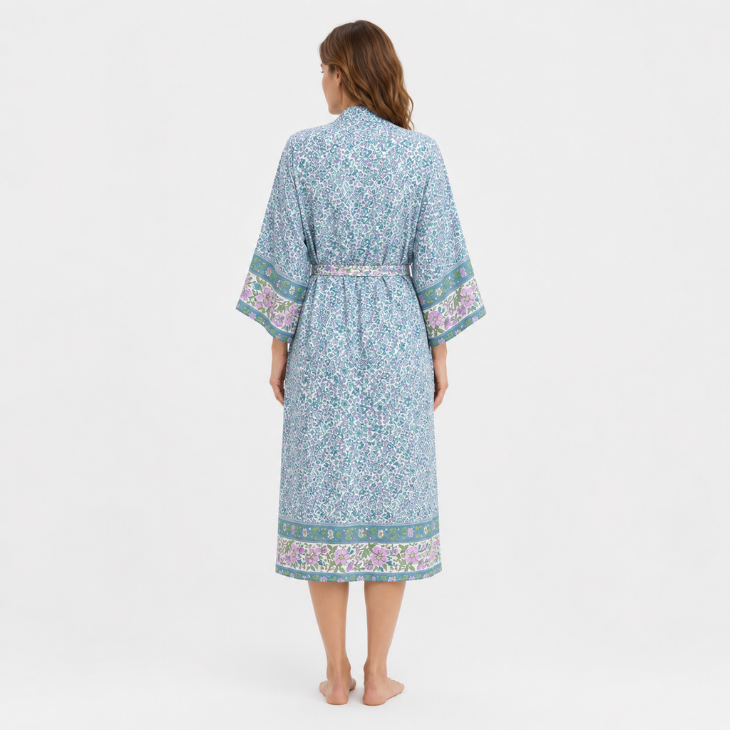 Kimono Long Femme Fleuri Bleu Sarcelle | Mizuki