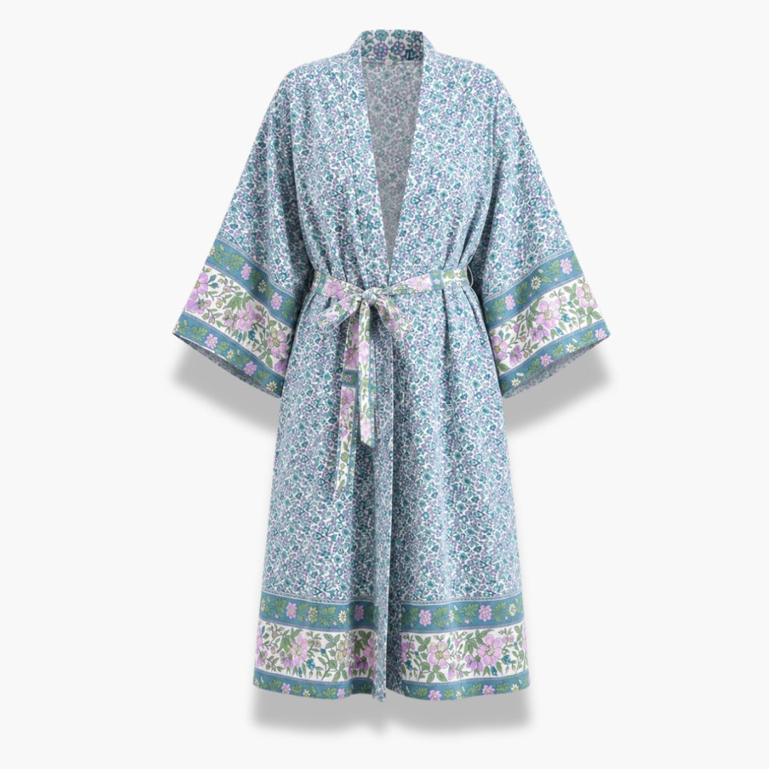 Kimono Long Femme Fleuri Bleu Sarcelle | Mizuki