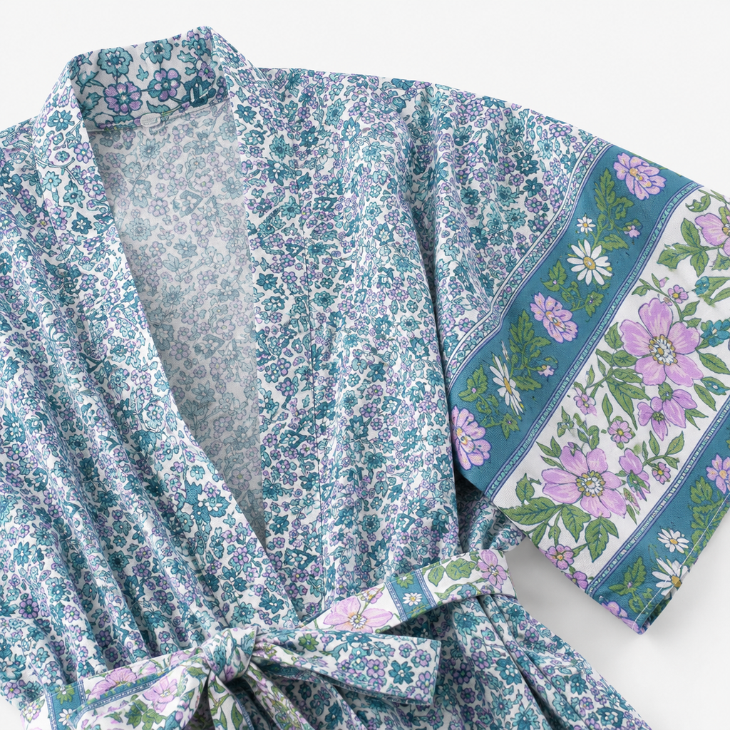 Kimono Long Femme Fleuri Bleu Sarcelle | Mizuki