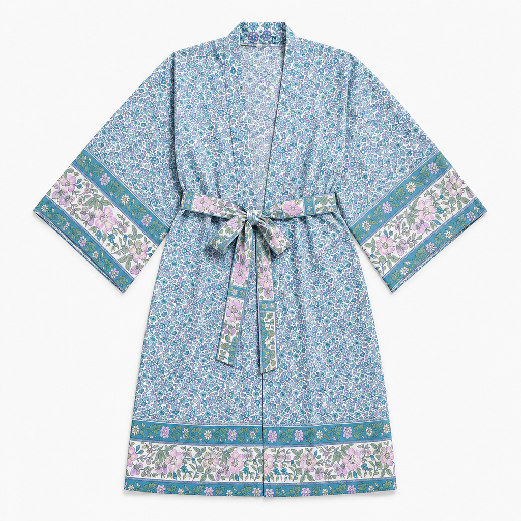 Kimono Long Femme Fleuri Bleu Sarcelle | Mizuki