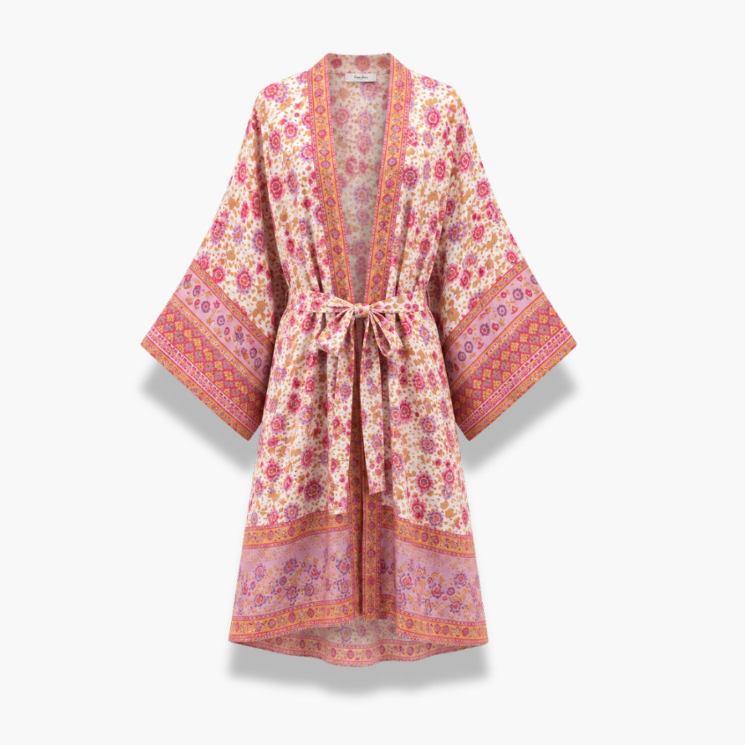 Kimono Long Femme Fleuri Crème Rosée | Mizuha