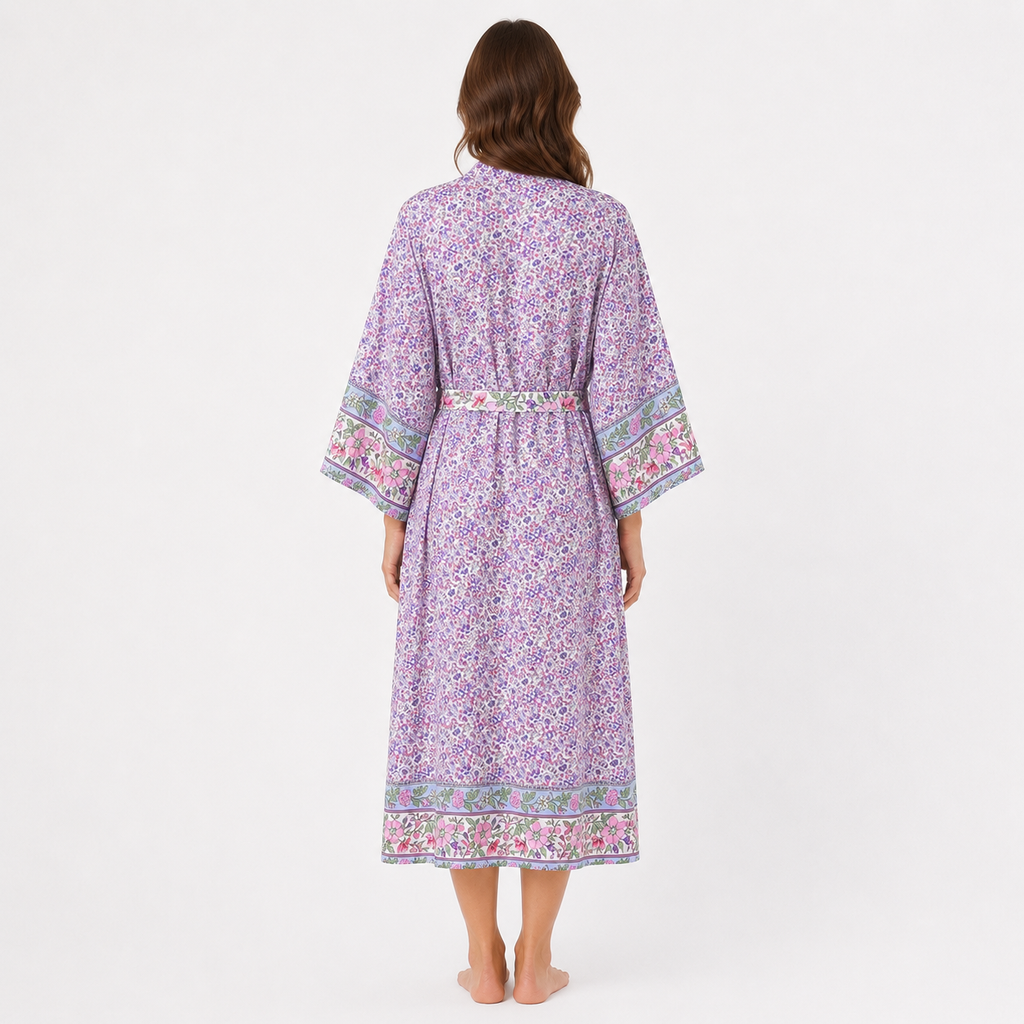 Kimono Long Femme Fleuri Lavande Japonais | Ayame
