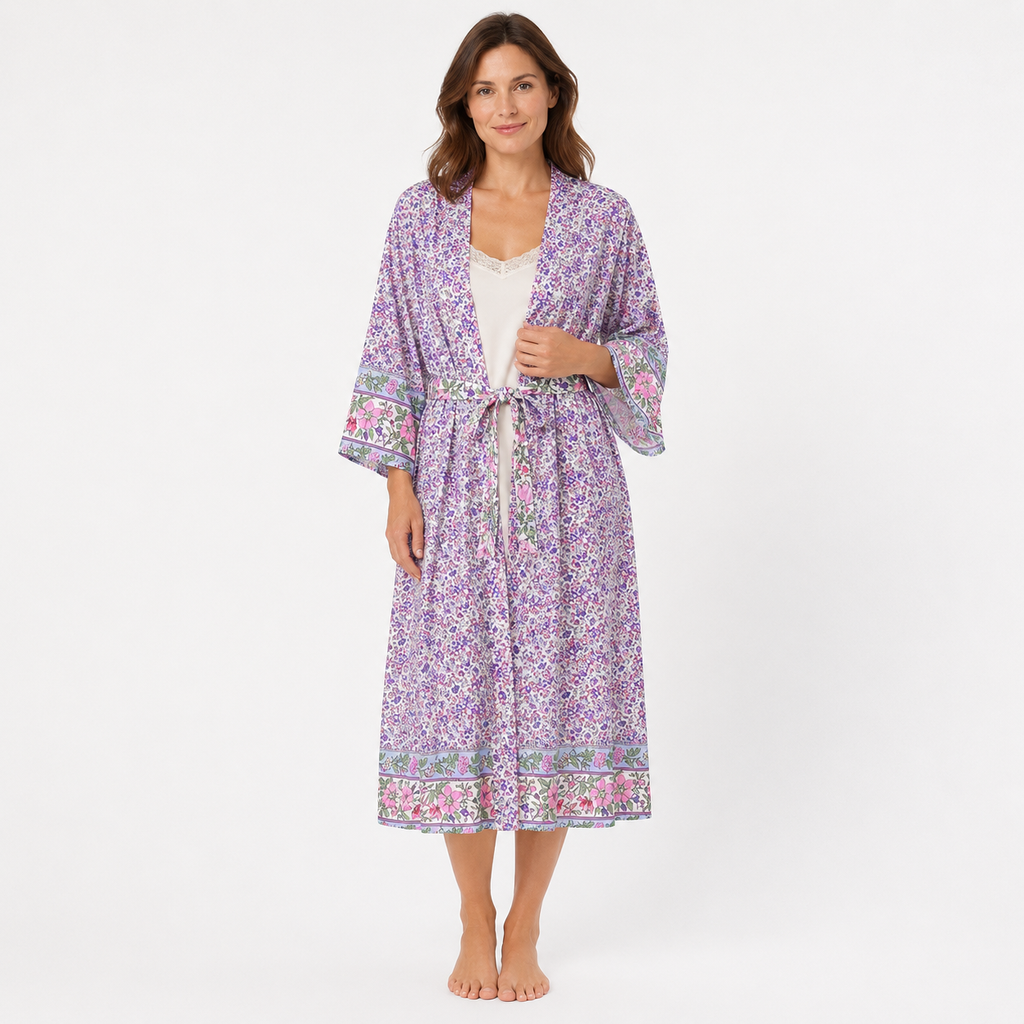 Kimono Long Femme Fleuri Lavande Japonais | Ayame
