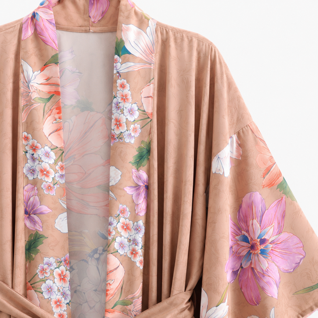 Kimono Long Femme Fleuri Nude | Kaede
