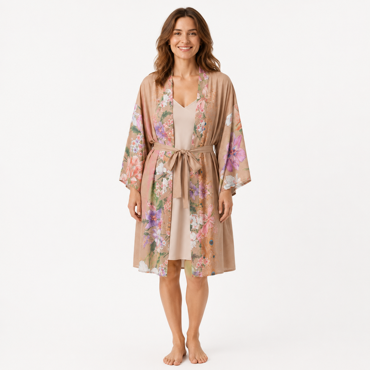 Kimono Long Femme Fleuri Nude | Kaede