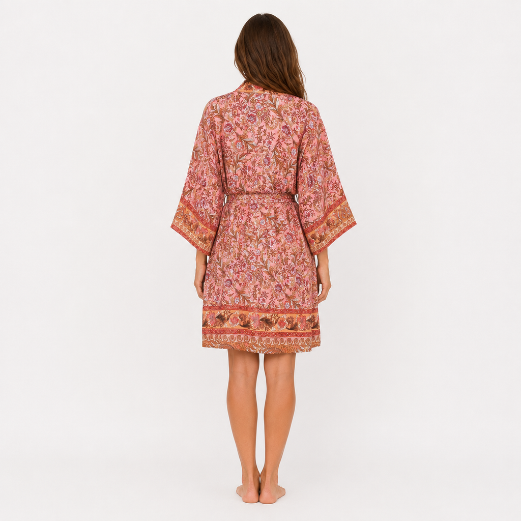 Kimono Long Femme Fleuri Pêche Rosée Japonais | Momoka