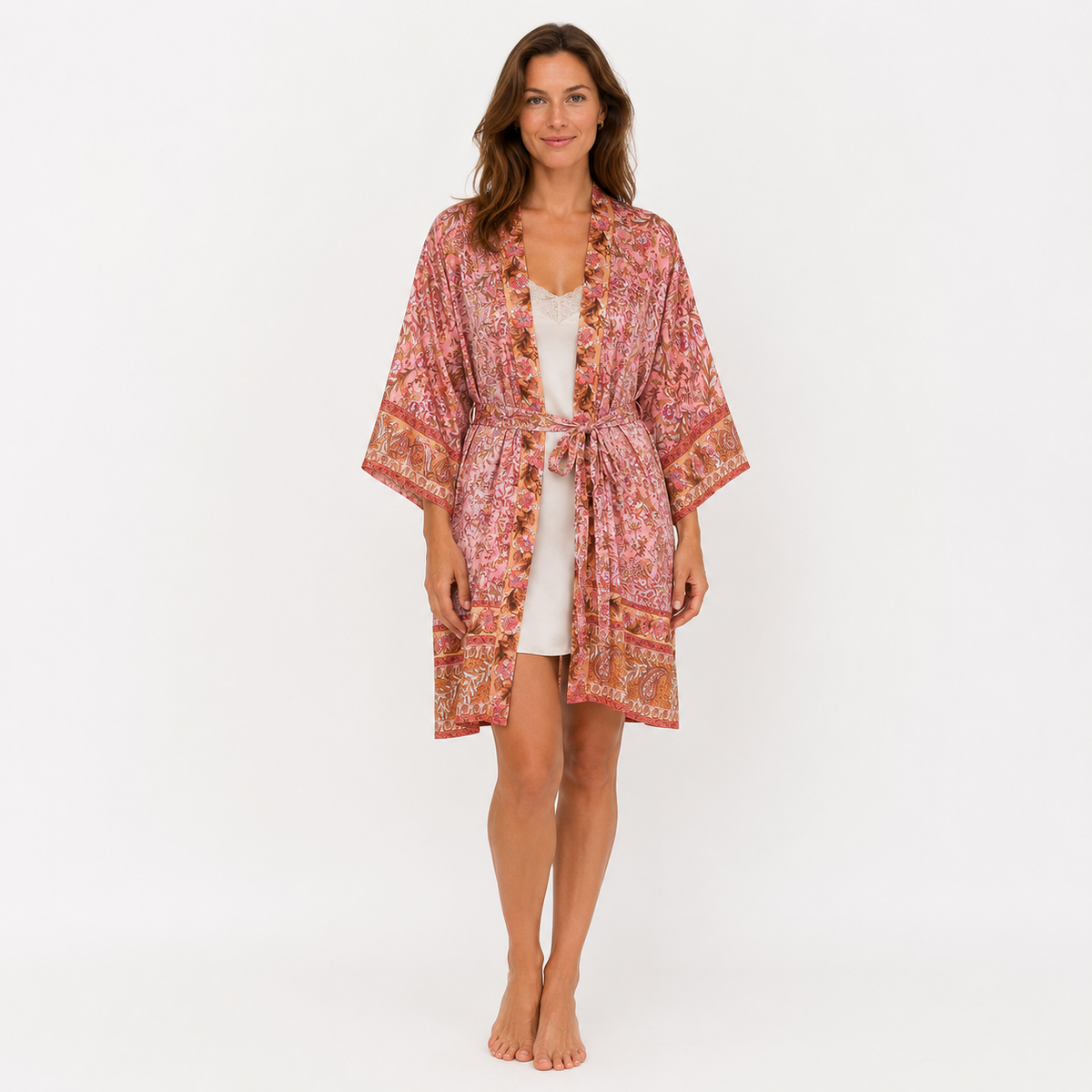 Kimono Long Femme Fleuri Pêche Rosée Japonais | Momoka